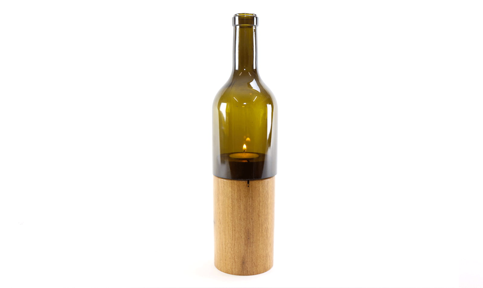 Wine bottle & wooden base tea light holder